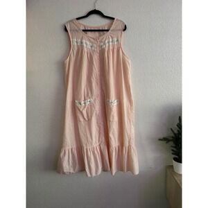 Vintage Pink Floral Embroidered Button Up Victorian Nightgown Dress‎ Romantic
